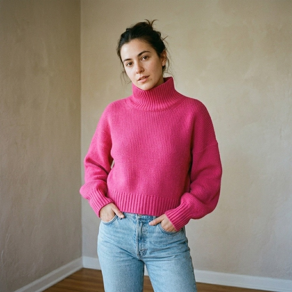 Naadam Womens Sweater Medium Pink Mock Neck Cashmere Ribbed Knit Barbiecore